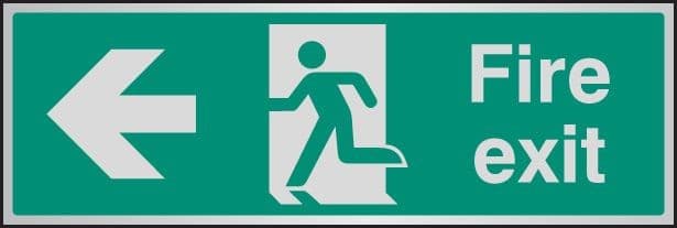 Fire Exit Arrow Left Sign with Running Man | 300mm x 100mm | Brushed Aluminium (Prestige)