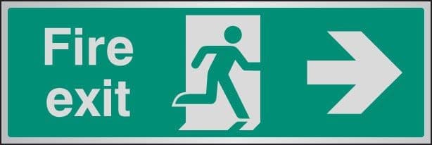Fire Exit Arrow Right Sign with Running Man | 300mm x 100mm | Brushed Aluminium (Prestige)