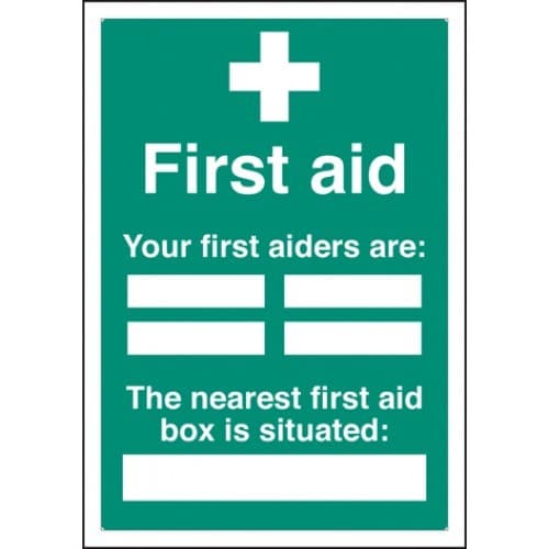 First Aiders The Nearest First Aid Box Is Situated Adapt-a-Sign | 215mm x 310mm | 3mm PVC