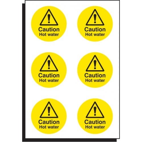 Caution Hot Water - Sheet of 6 Labels | 65mm Diameter | Self Adhesive Vinyl