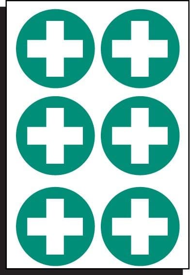 First Aid Symbol Sheet of 6 Stickers | 65mm Diameter | Self Adhesive Vinyl