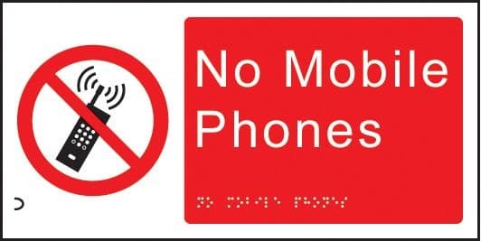 Braille - No Mobile Phones Signs | 300mm x 150mm | 1.5mm PVC with Self Adhesive Backing