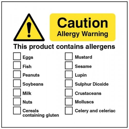Caution Allergy Warning - This Product Contains Allergens Signs | 80mm x 80mm | Self Adhesive Vinyl