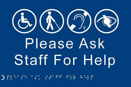 Braille - Please Ask Staff for Help Signs | 225mm x 150mm | 1.5mm PVC with Self Adhesive Backing
