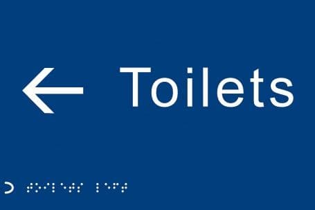 Braille - Toilets Arrow Left Signs | 225mm x 150mm | 1.5mm PVC with Self Adhesive Backing