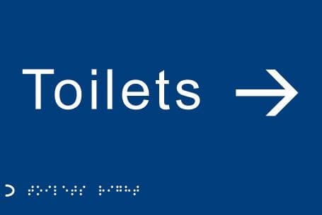 Braille - Toilets Arrow Right Signs | 225mm x 150mm | 1.5mm PVC with Self Adhesive Backing