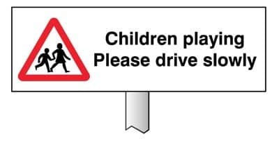 Children Playing - Please Drive Slowly Verge Sign with Post | 450mm x 150mm