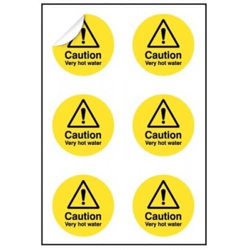 Caution Very Hot Water - Sheet of 6 Labels | 65mm Diameter | Self Adhesive Vinyl