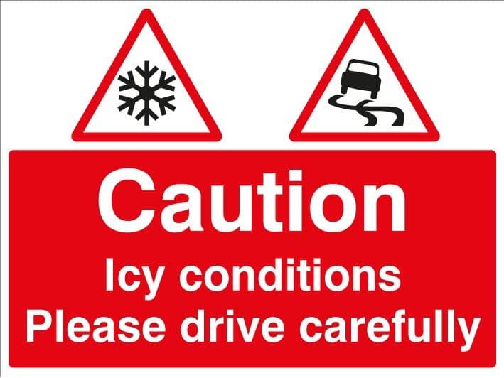 Caution Icy Conditions Please Drive Carefully Signs c/w Metal Sign Frame & Clips | 600mm x 450mm | Rigid Plastic