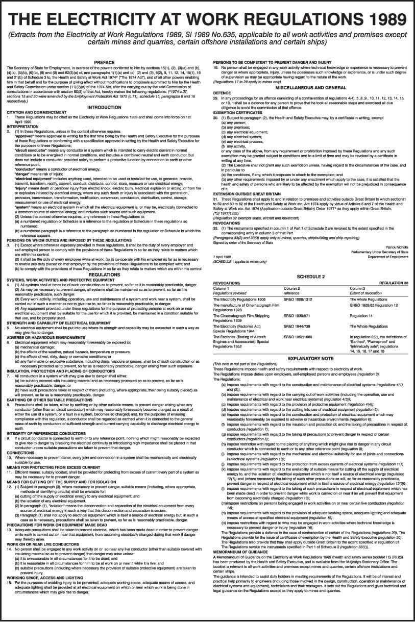 Electricity at Work Regulations 1989 Poster | 400mm x 600mm | Rigid Plastic