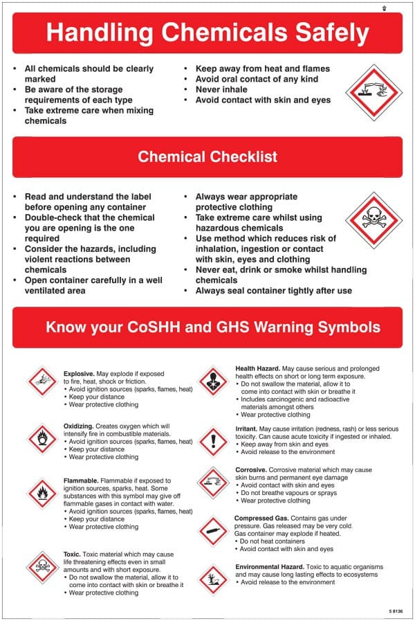 Handling Chemicals Safely Poster | 400mm x 600mm | Rigid Plastic