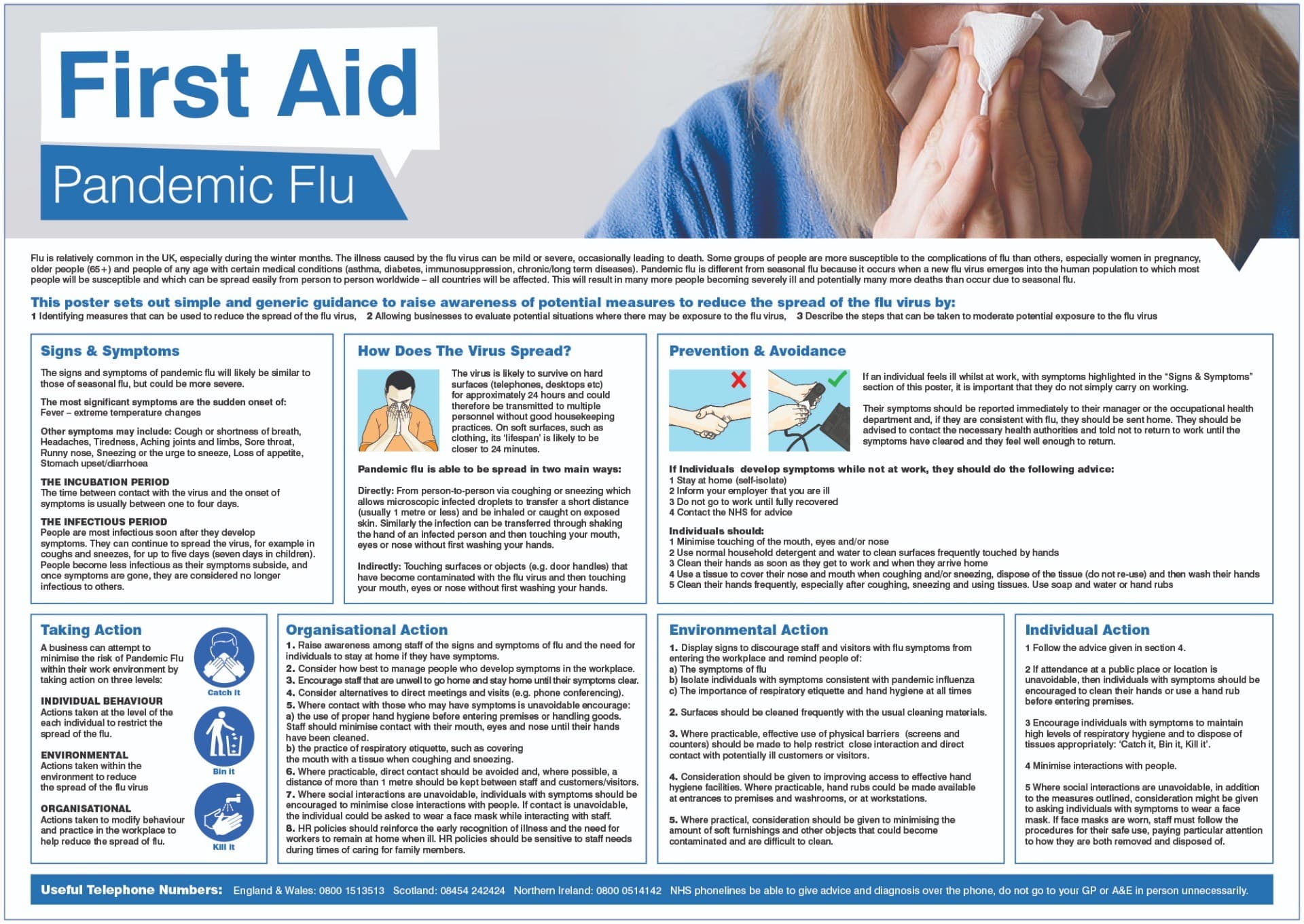 First Aid Pandemic Flu Poster | 594mm x 420mm | Synthetic Paper