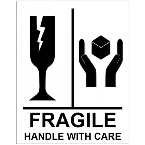 Fragile Handle With Care Labels (Roll of 250) | 75mm x 100mm | Self Adhesive Vinyl