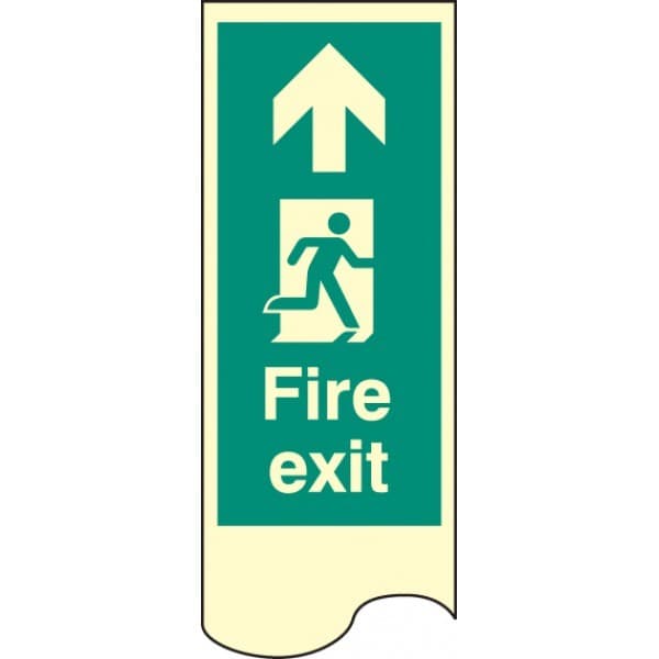 Fire Exit Door Plate Sign with Arrow Ahead and Running Man | 75mm x 300mm | Photoluminescent Rigid
