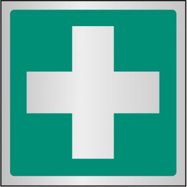 First Aid Symbol Safety Signs | 100mm x 100mm | Brushed Aluminium (Prestige)