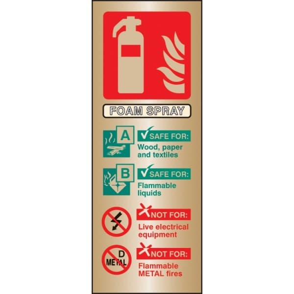 Foam Spray Extinguisher Identification Sign | 75mm x 200mm | Polished Brass