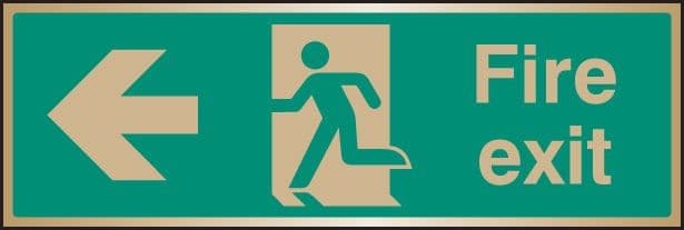 Fire Exit Arrow Left Sign with Running Man | 300mm x 100mm | Polished Brass (Prestige)