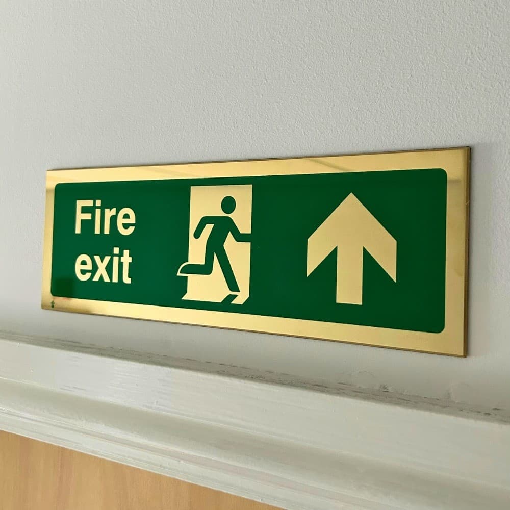 Polished Brass Fire Exit Arrow Ahead Sign with Running Man | 300mm x 100mm