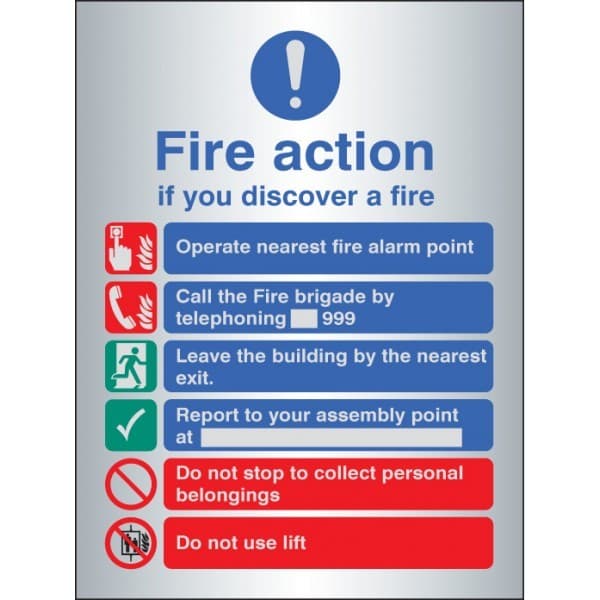 Fire Action Notice With Safety Symbols, Manual Fire Brigade Call 999 , Do Not Use Lift