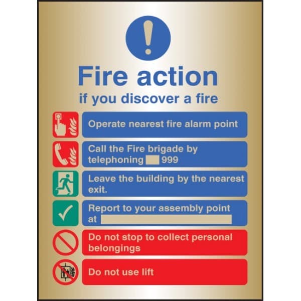 Fire Action Notice With Safety Symbols, Manual Fire Brigade Call 999 , Do Not Use Lift | 150mm x 200mm | Polished Brass (Prestige)