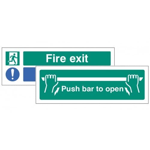 Fire Exit Keep Clear / Push Bar To Open Double Sided Window Sticker | 300mm x 100mm | Face Adhesive Vinyl