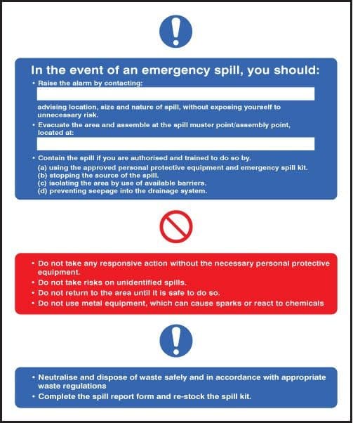 In The Event of an Emergency Spill Safety Signs