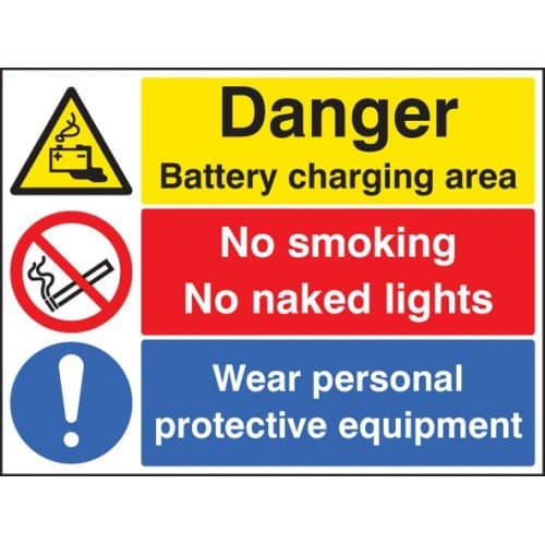 Danger Battery Charging Area - No Smoking, No Naked Lights - Wear PPE Signs