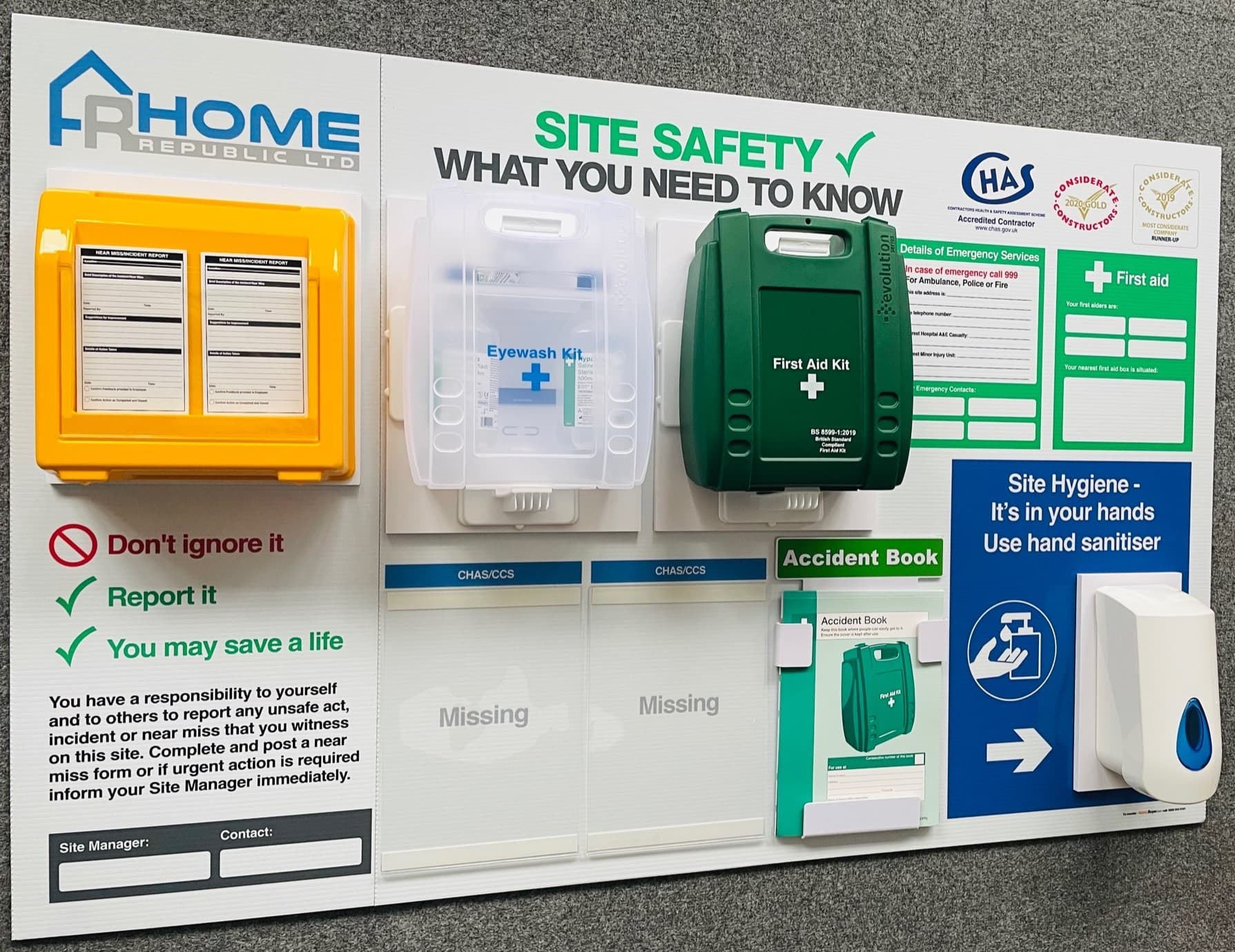 Contractors Health & Safety Board with your logo and CHAS/CCS badges