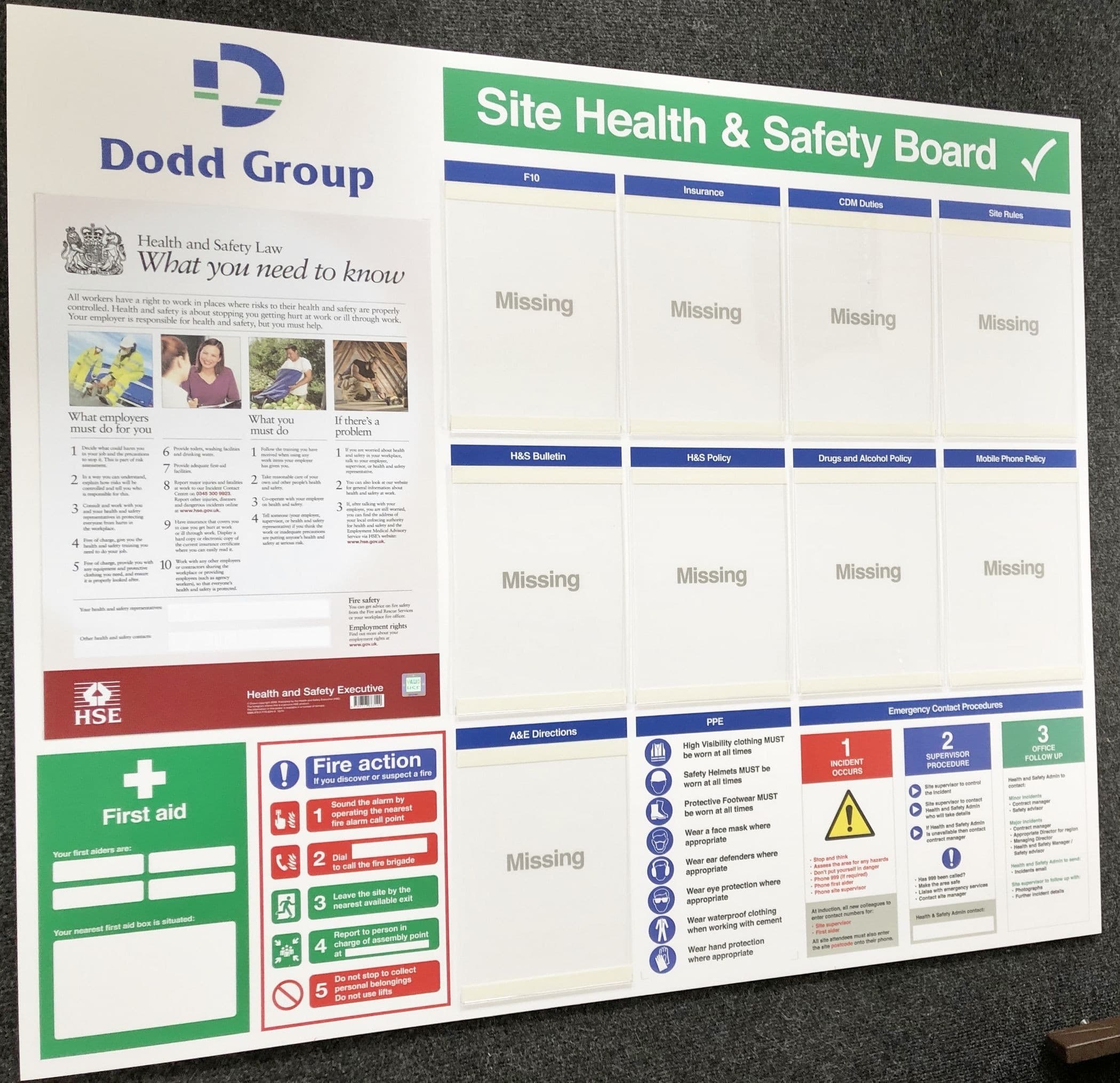 Site Health & Safety Board with Focus on PPE & Emergency Procedures