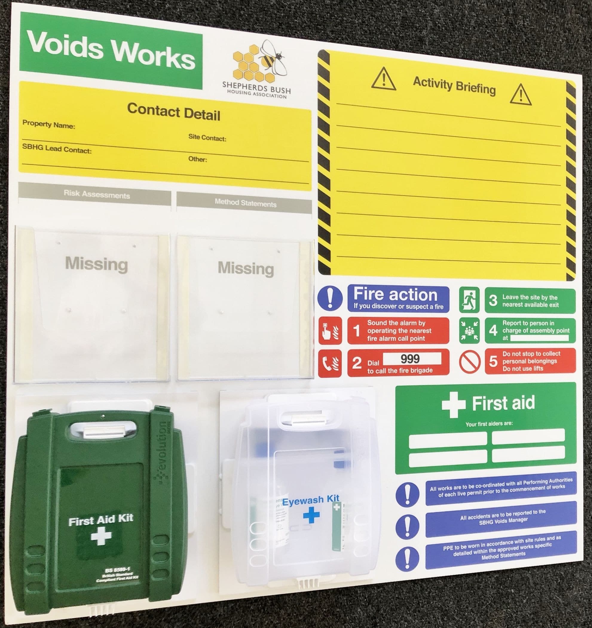Voids Building Safety Board with Activity Briefing Area and First Aid & Eye Wash Kits