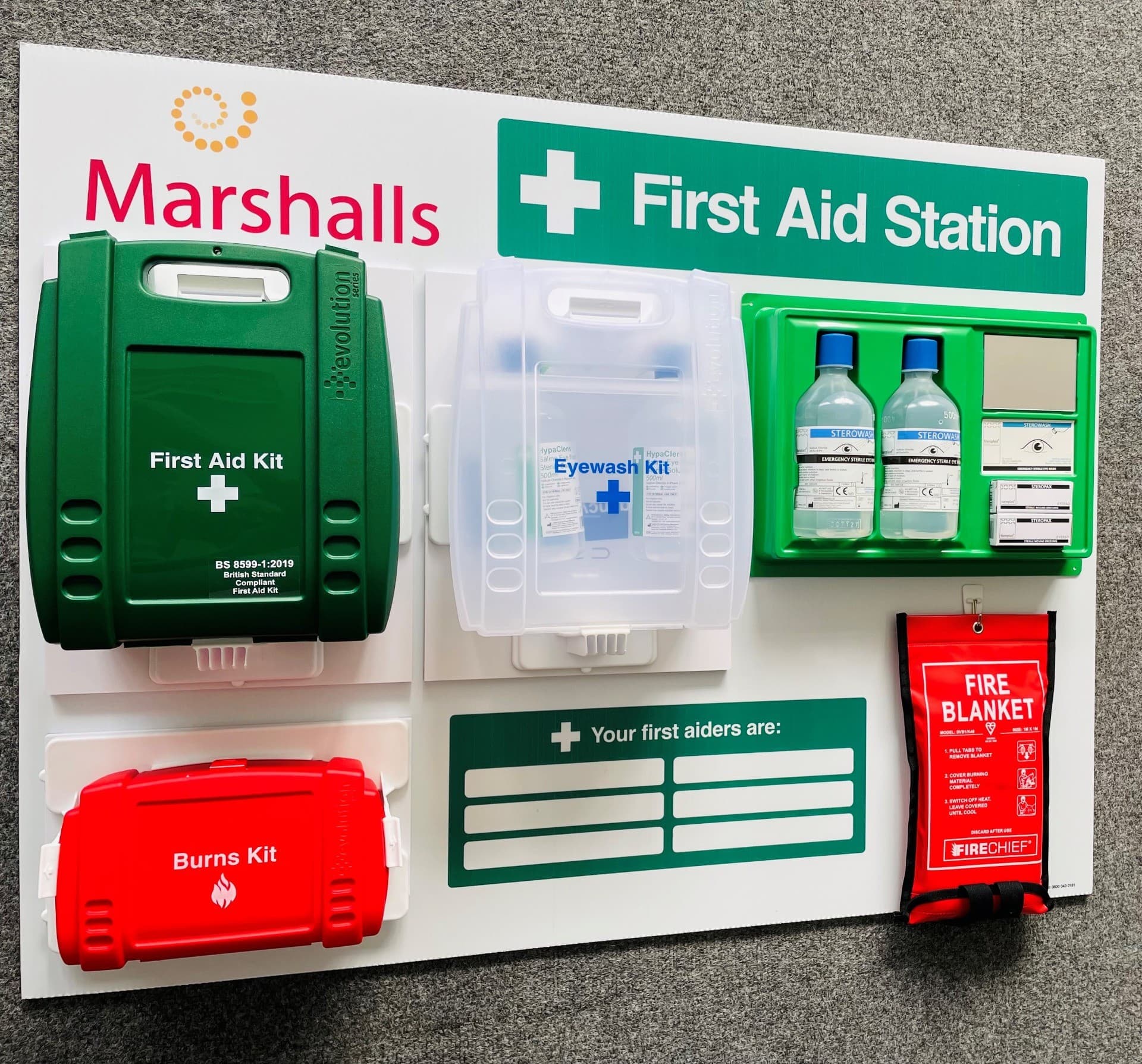 Fully Stocked Branded First Aid Station with Fire Blanket