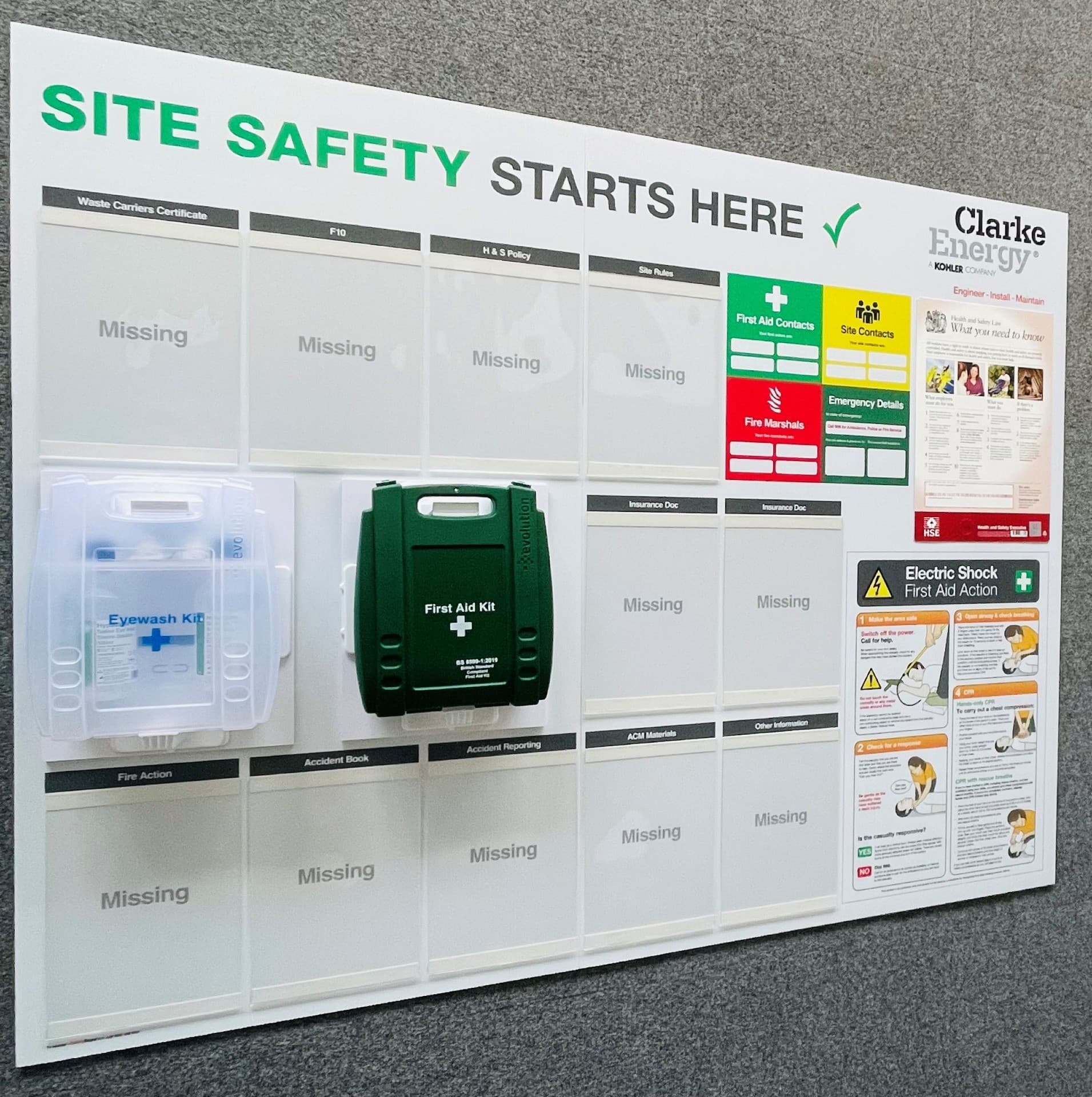 Construction Site Safety Information Notice Board with First Aid and Eye Wash Station