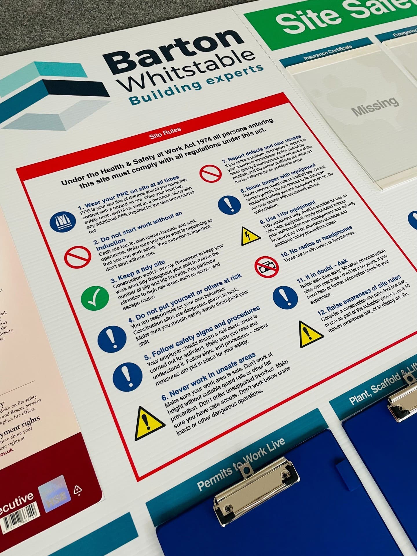 Construction Notice Board with Detailed Site Rules & Safety Checklist