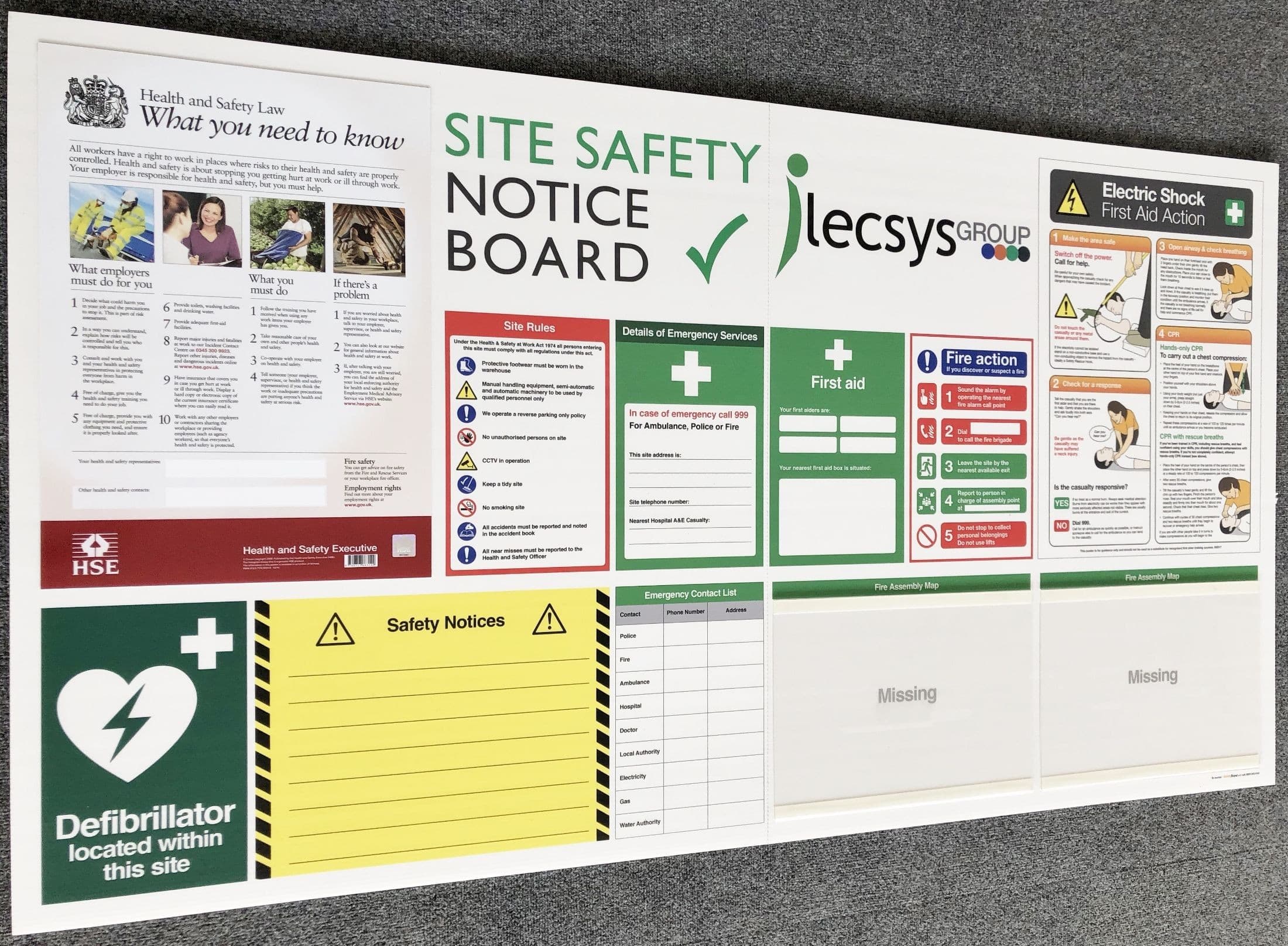 Site Safety Board with AED Notice & Detailed Emergency Contacts