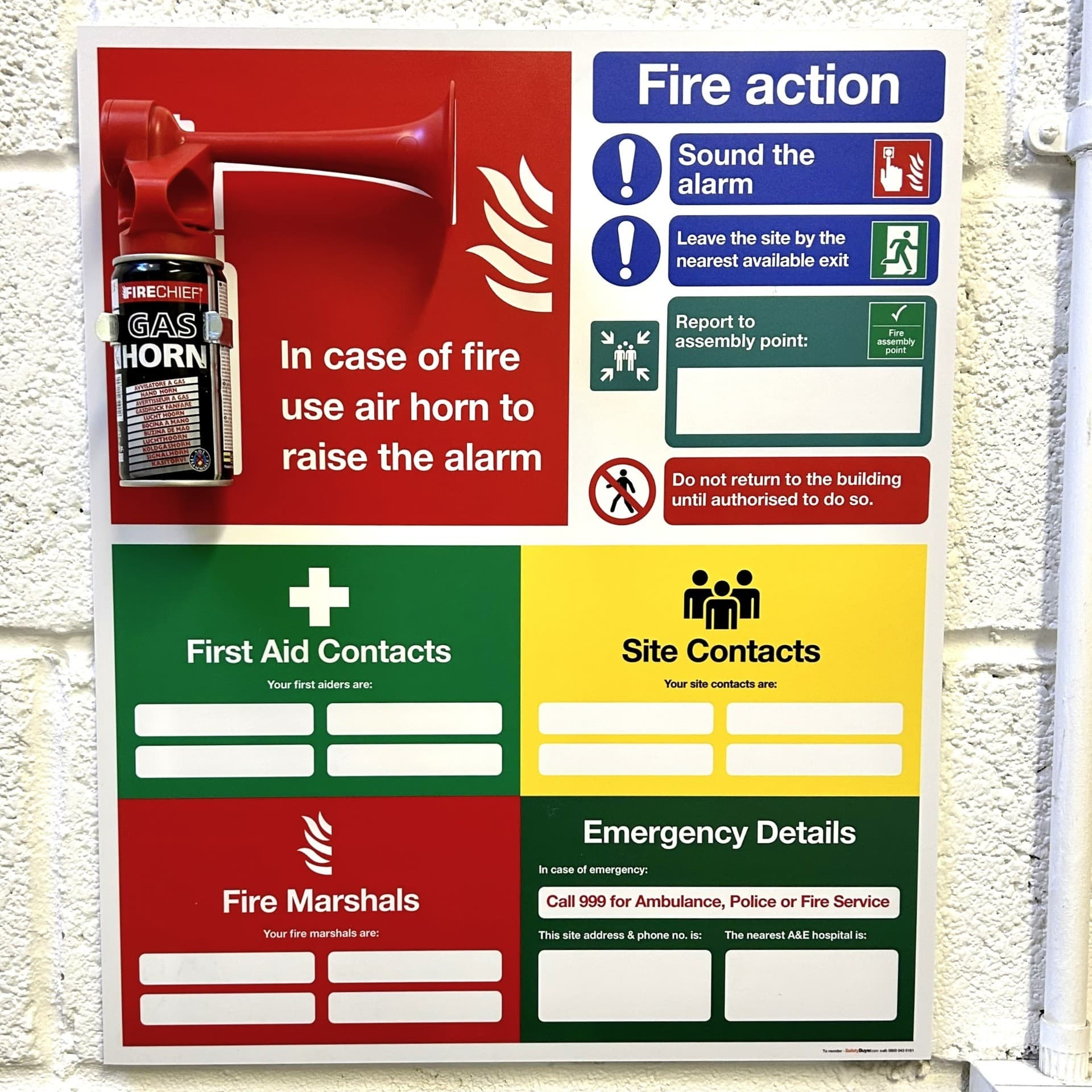Emergency Gas Horn Board with Fire Action Notice, First Aid & Site Contacts