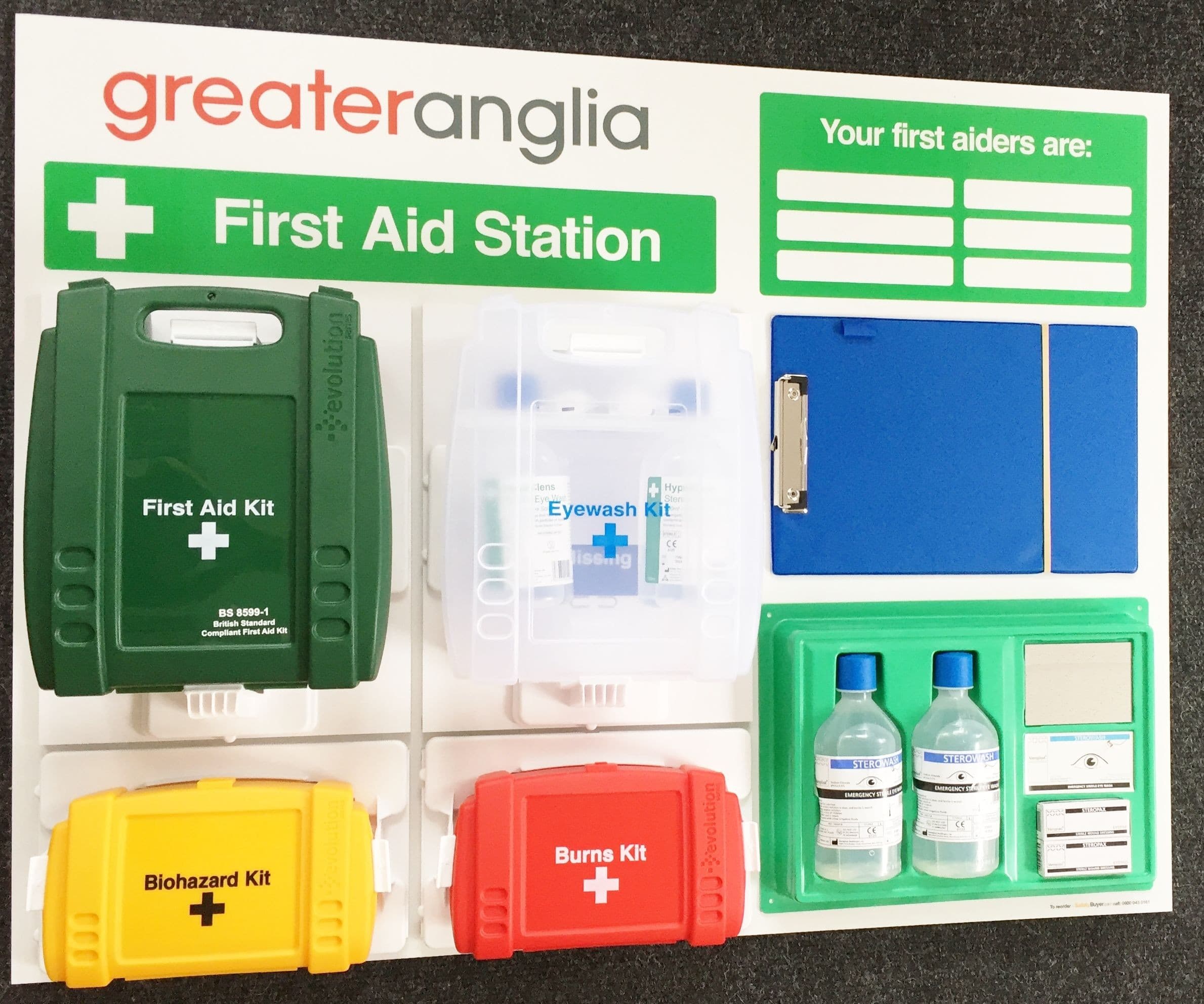 Branded First Aid Station with additional clip board for inspection records