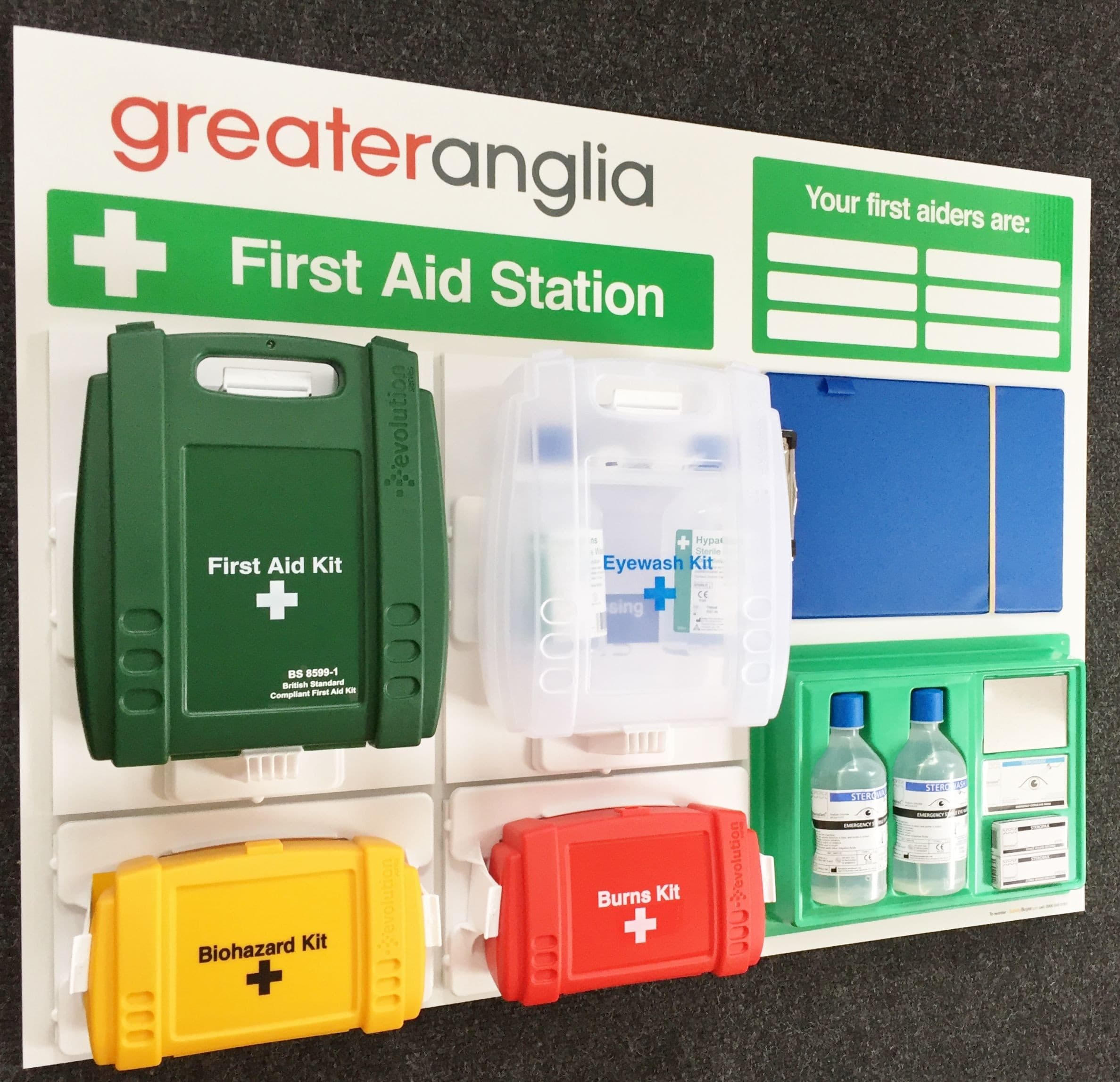Branded First Aid Station with additional clip board for inspection records