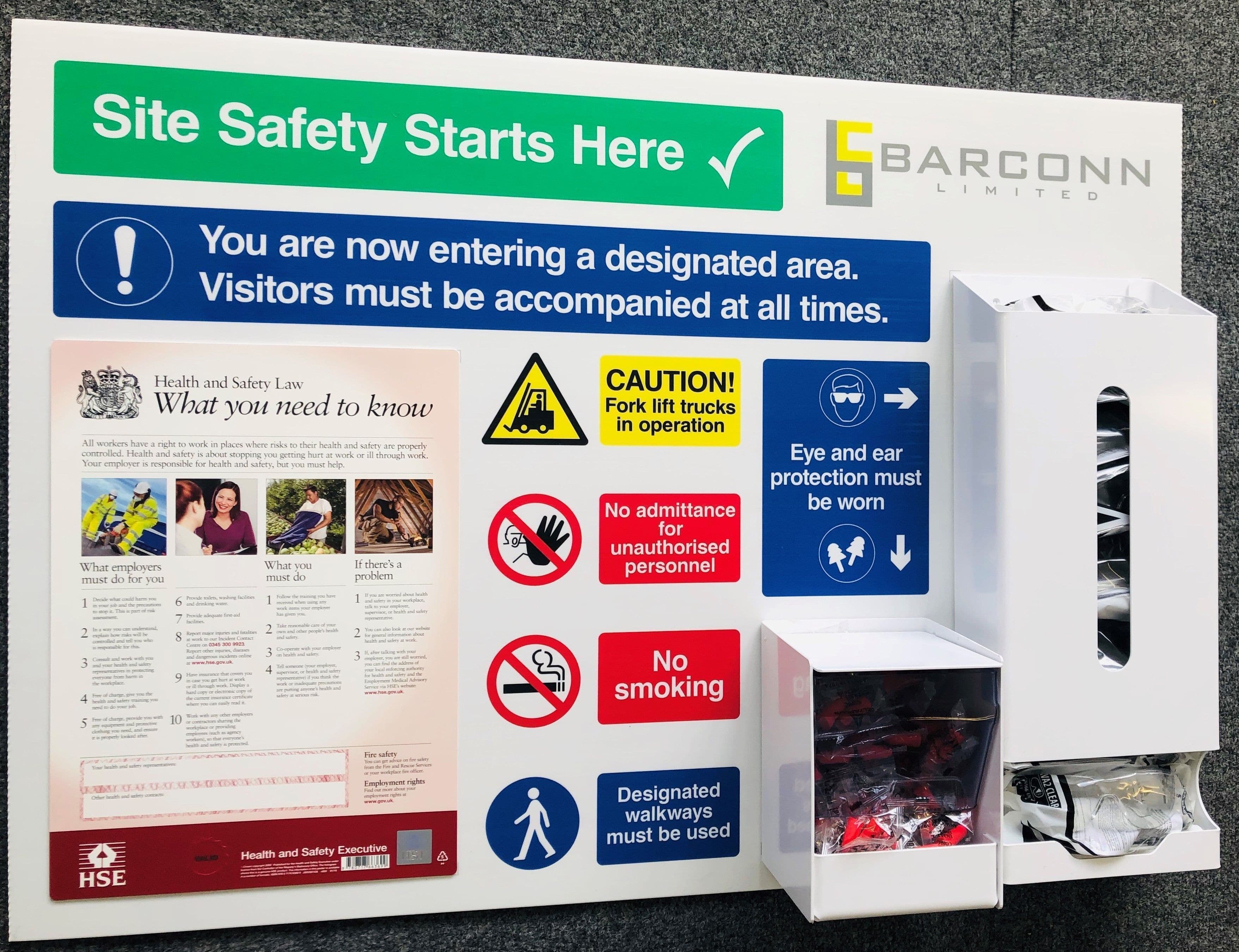 Designated PPE Area Information Board with Safety Glasses and Ear Plugs
