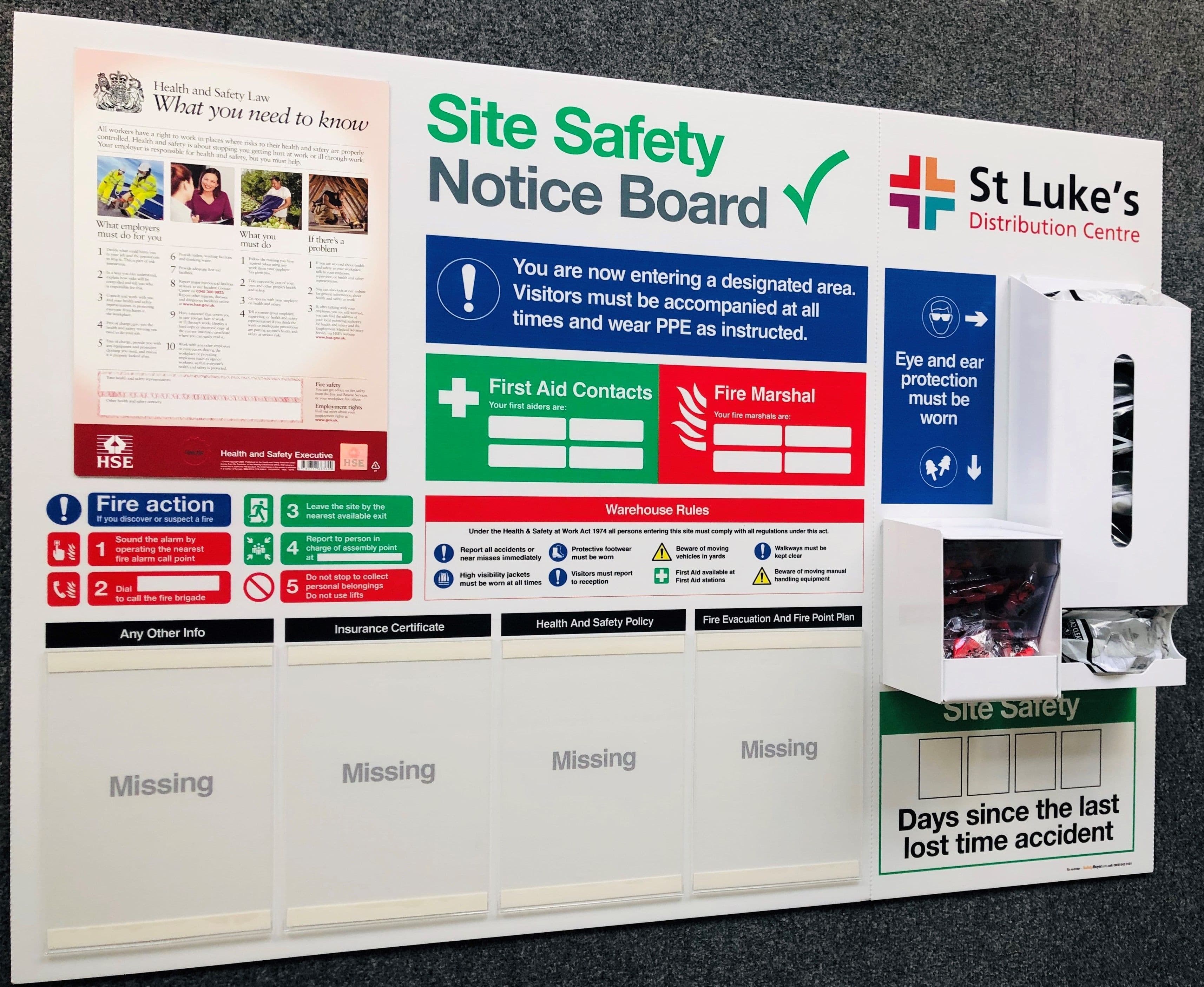 Warehouse Safety Notice Board with Safety Glasses and Ear Plug Dispensers