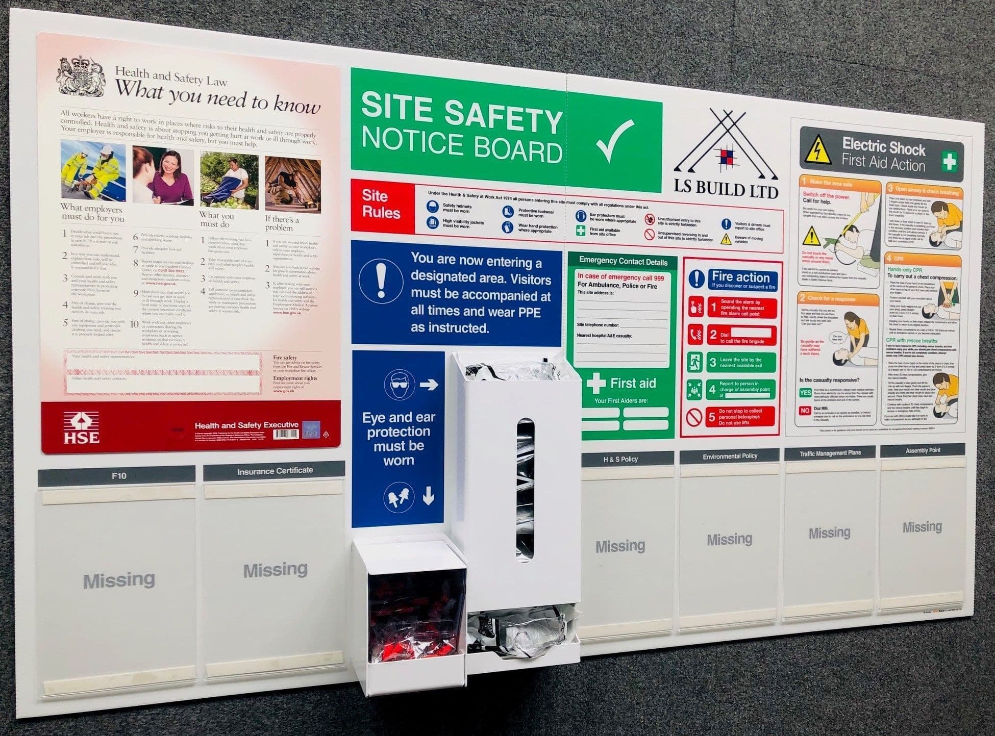 Construction Safety Notice Board with Safety Glasses and Ear Plug Dispensers