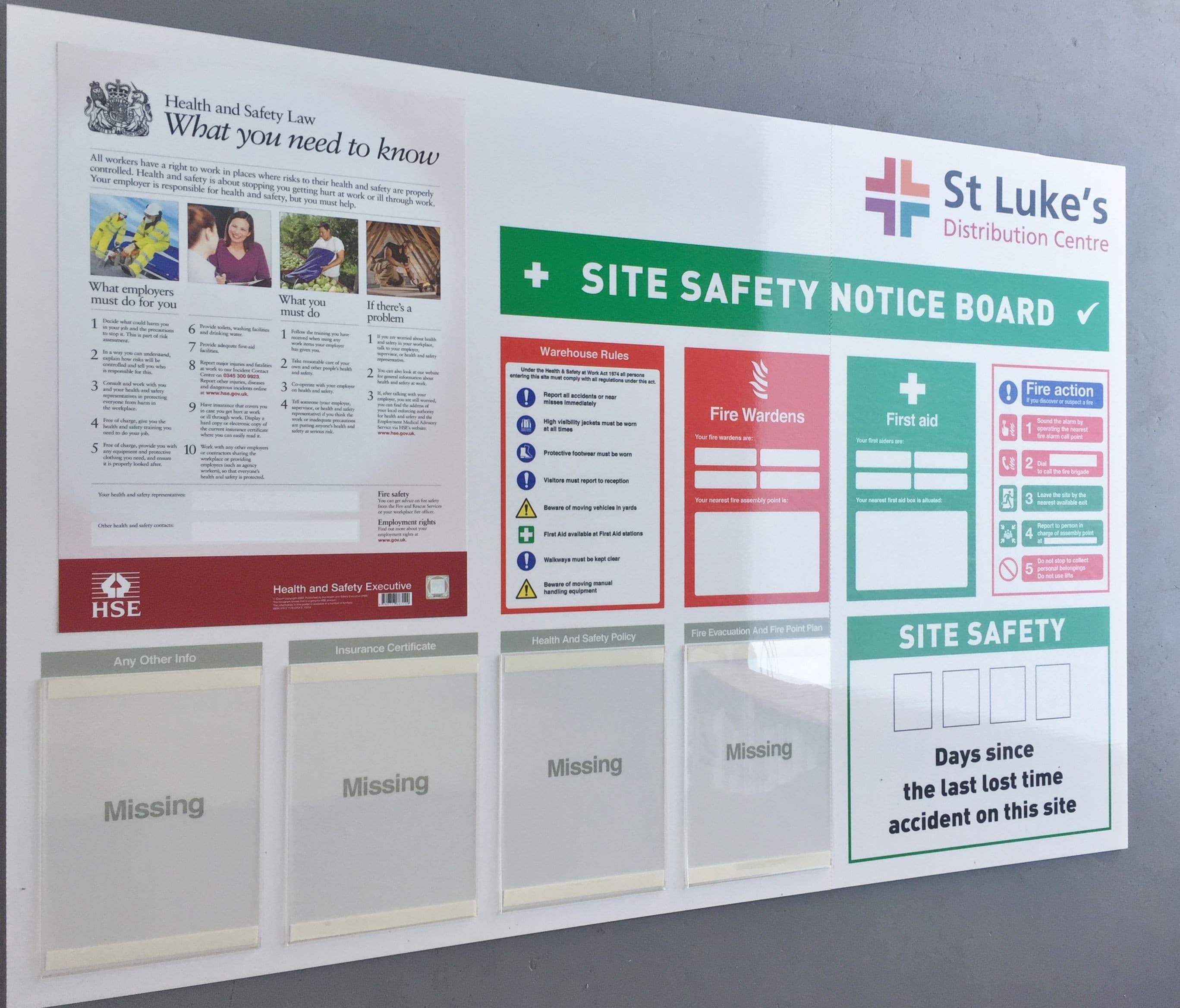 Warehouse Safety Notice Board with Dry Wipe Last Lost Accidents