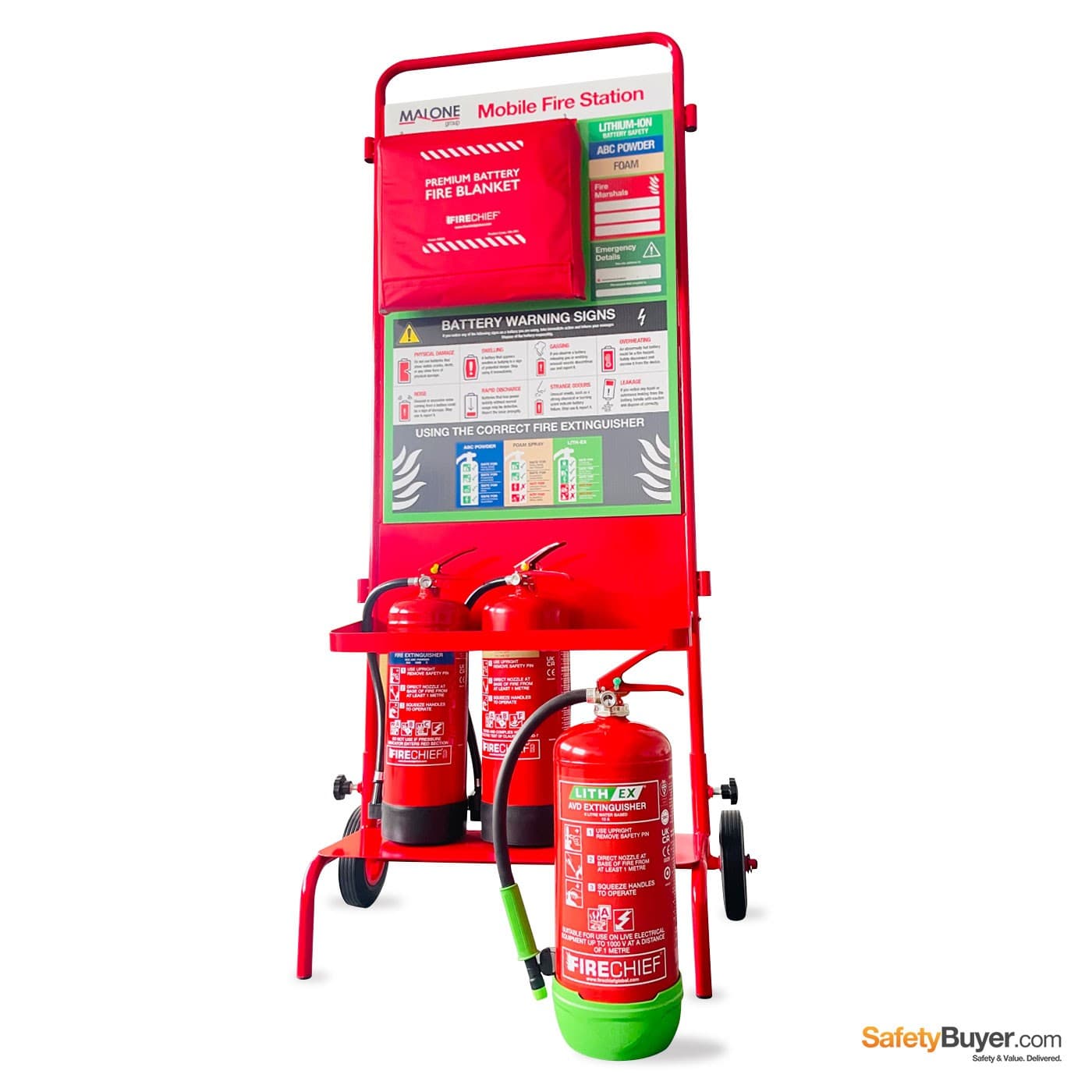 Custom Branded Fire Stand with Lith-Ex Battery Extinguisher & 3m x 3m Battery Fire Blanket