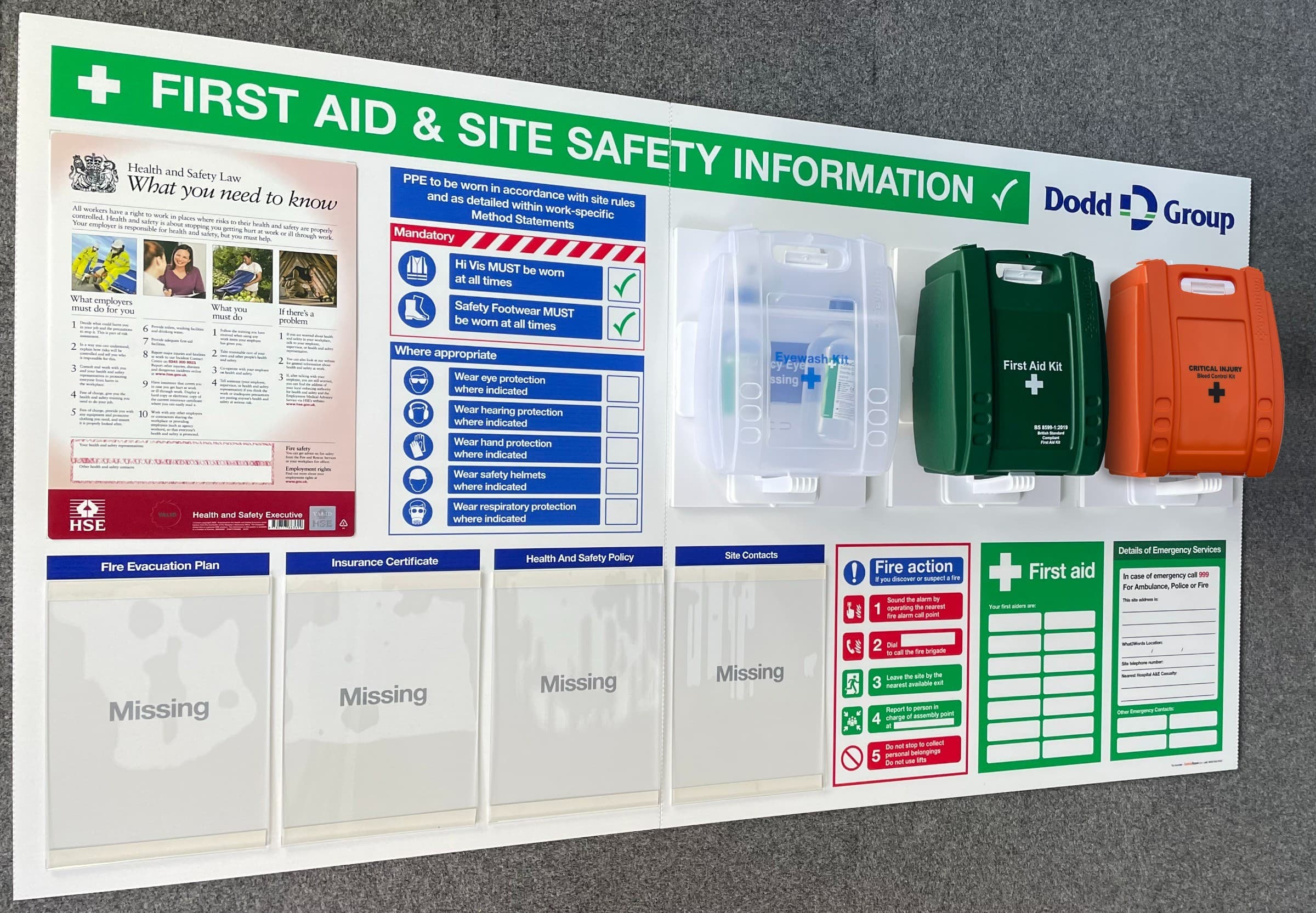 Compact H&S Info Board with First Aid, Catastrophic Bleed & Eyewash Kits
