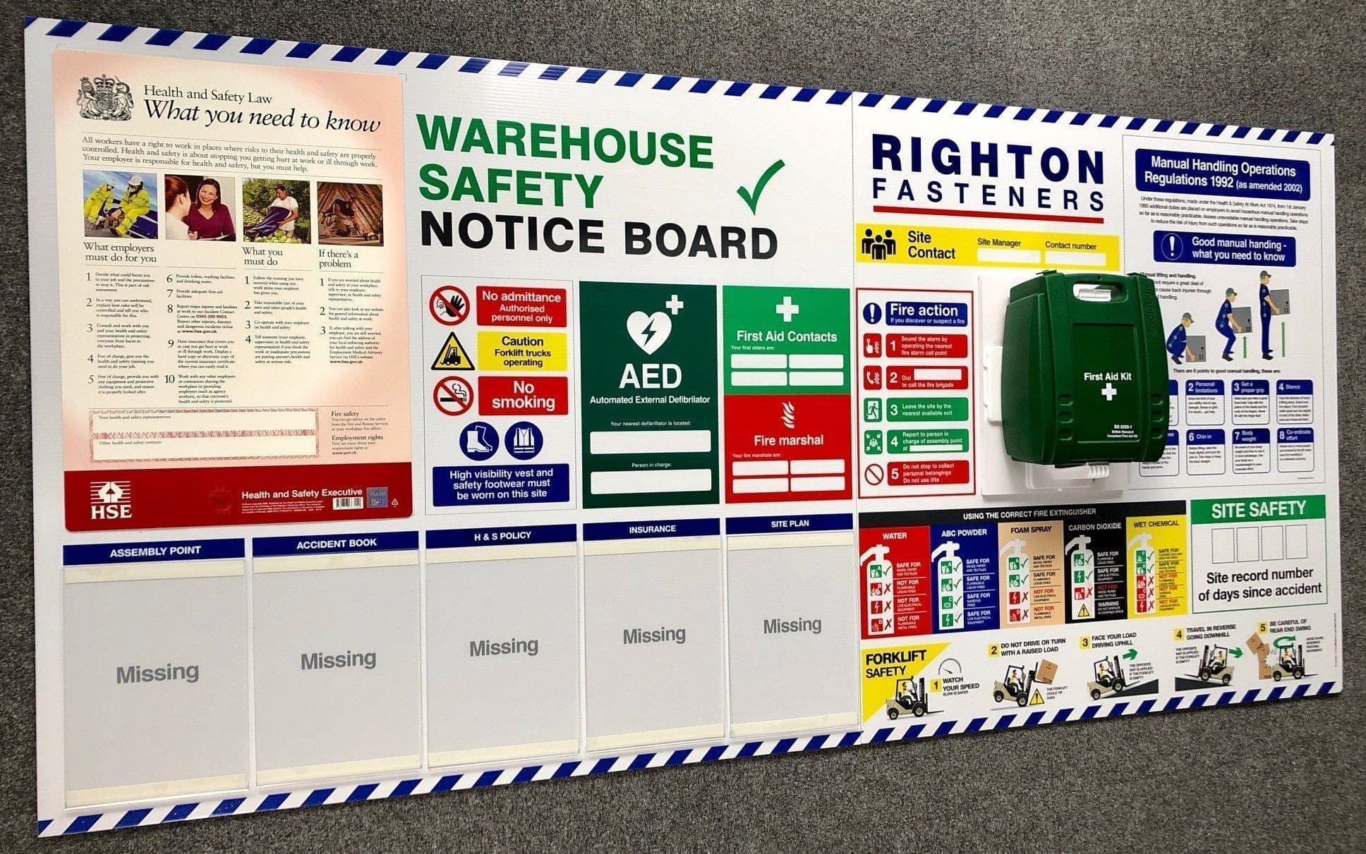 Warehouse Health & Safety Information Board with Focus on Manual Handling and Forklift Safety