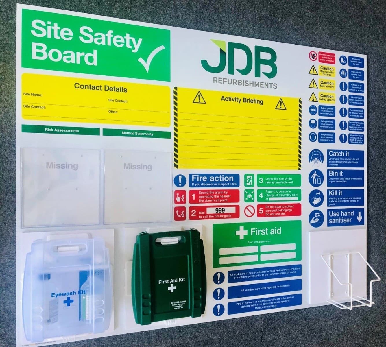 Site Safety Board with Activity Briefing Area, First Aid & Eye Wask Kits & Wire Basket for Hand Sanitiser