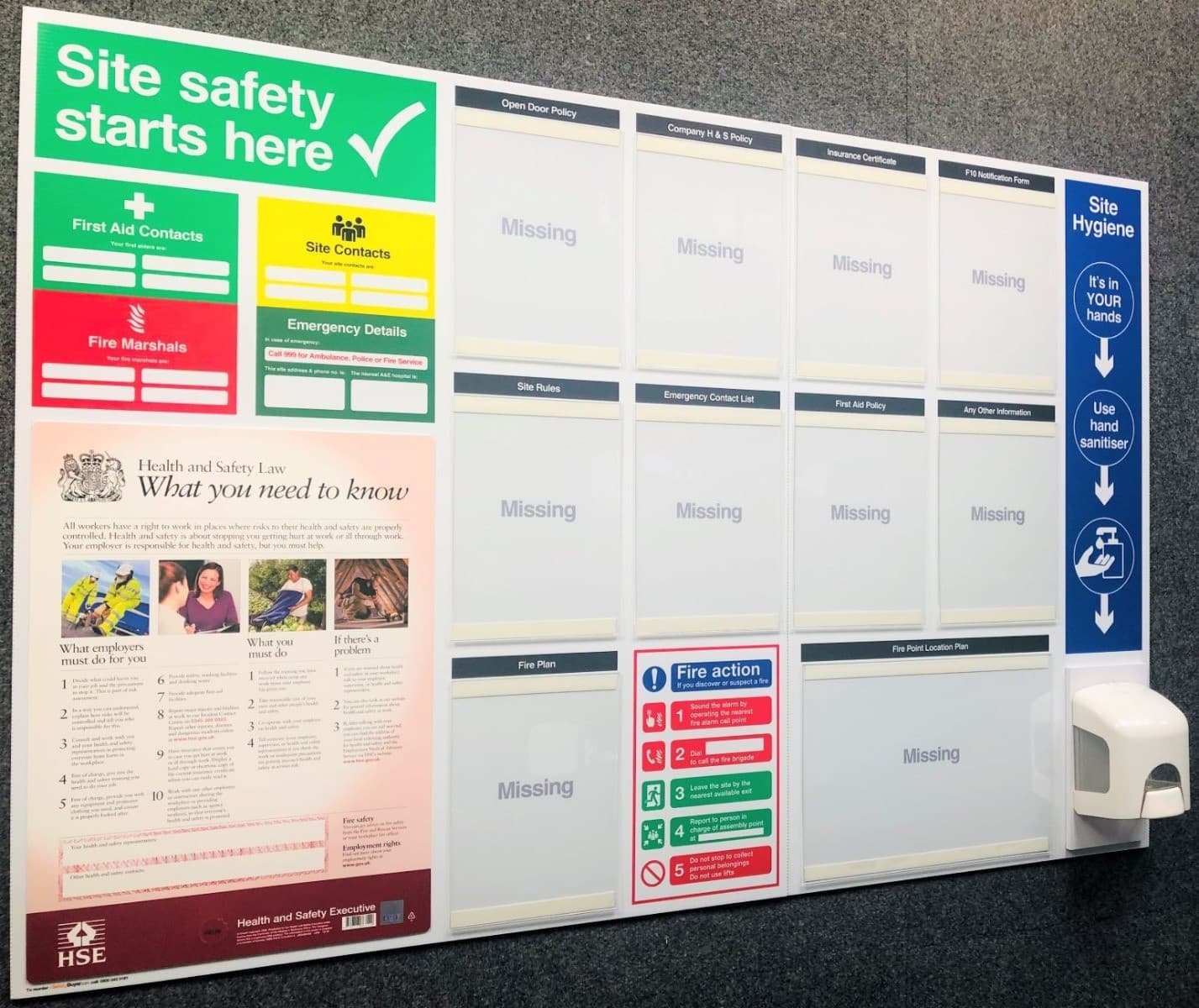 Ex-stock Site Safety Notice Board with Hand Sanitising dispenser