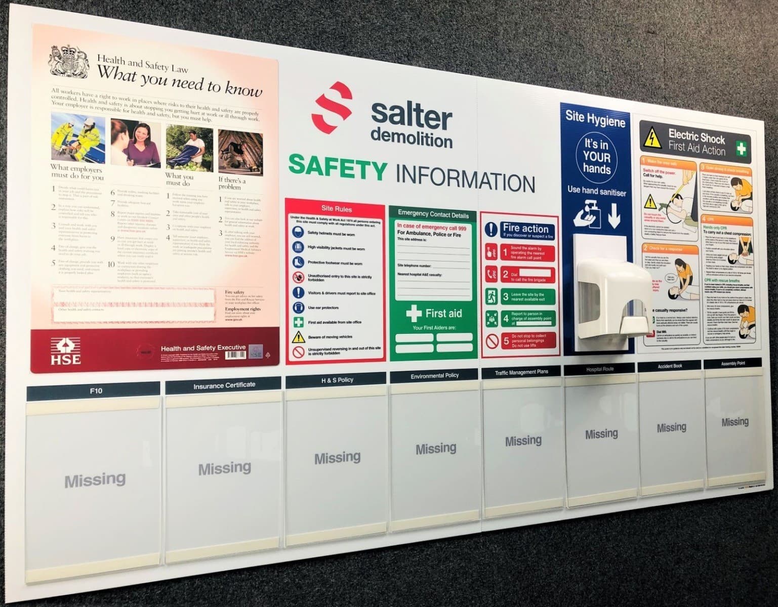 Construction Site QHSE Safety Notice Boards with Hand Sanitising Dispenser