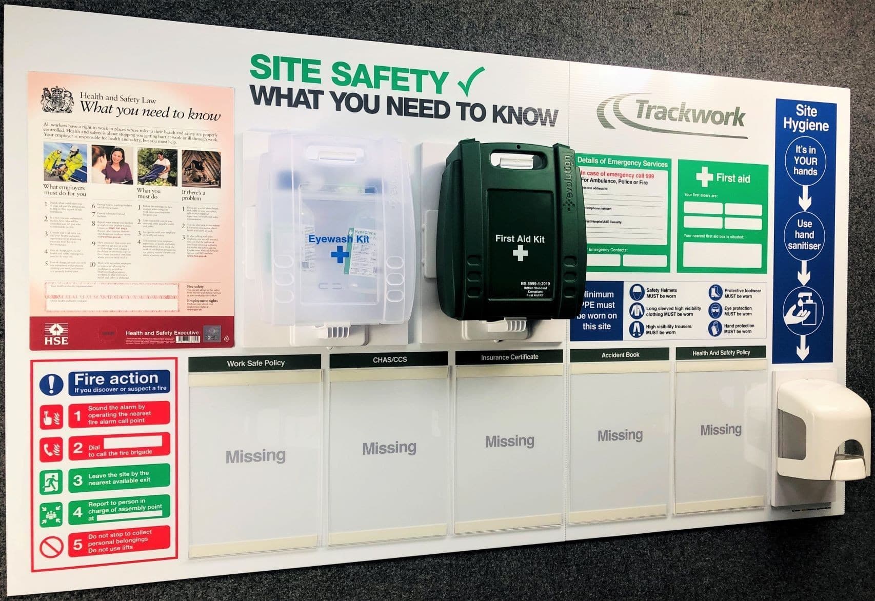 Compact H&S Info Board with First Aid, Eye Wash Kits and Hand Sanitising Dispenser