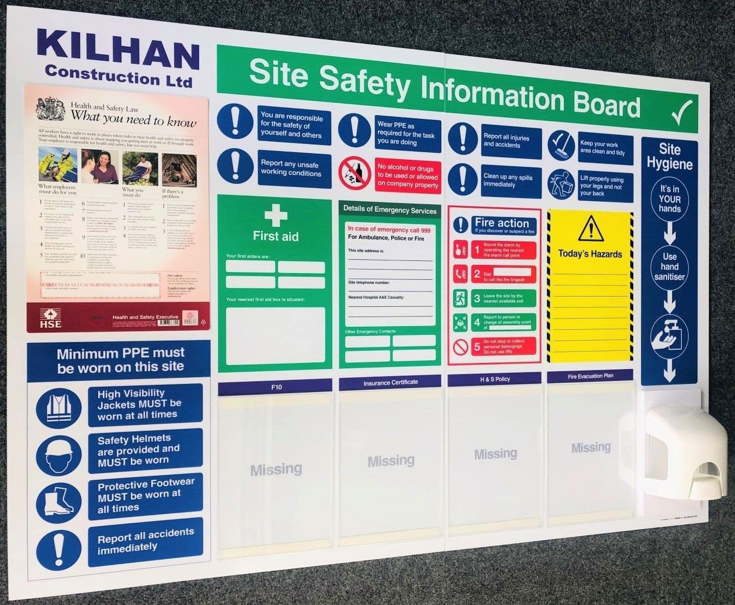 Compact Site Safety Notice Board with Hand Sanitising Dispenser