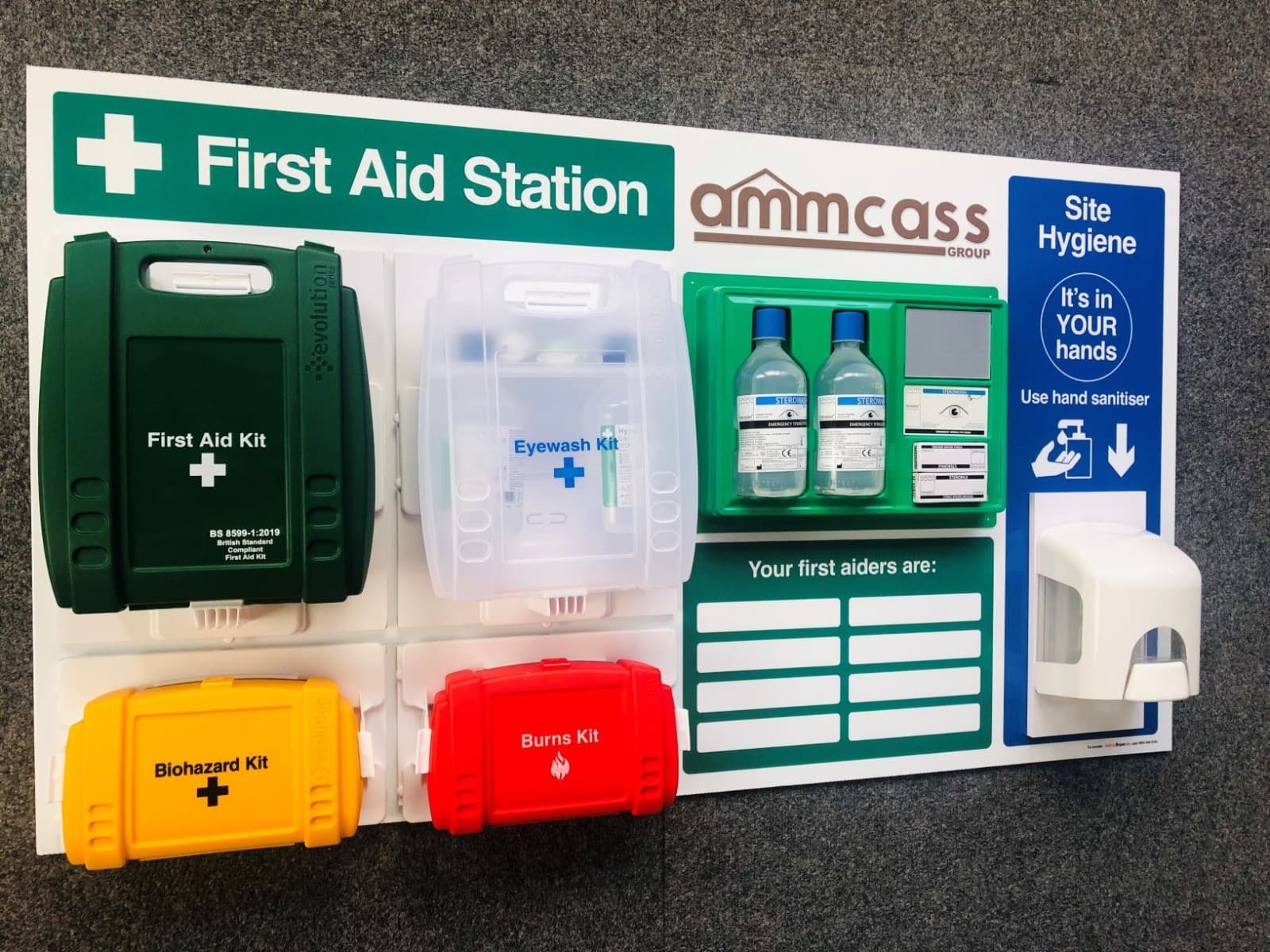 Branded first aid station with hand sanitising dispenser